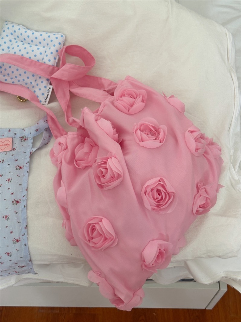 Korean Style Floral One Shoulder Bag Cute Pink Cloth Bag for Daily Travel Vacation