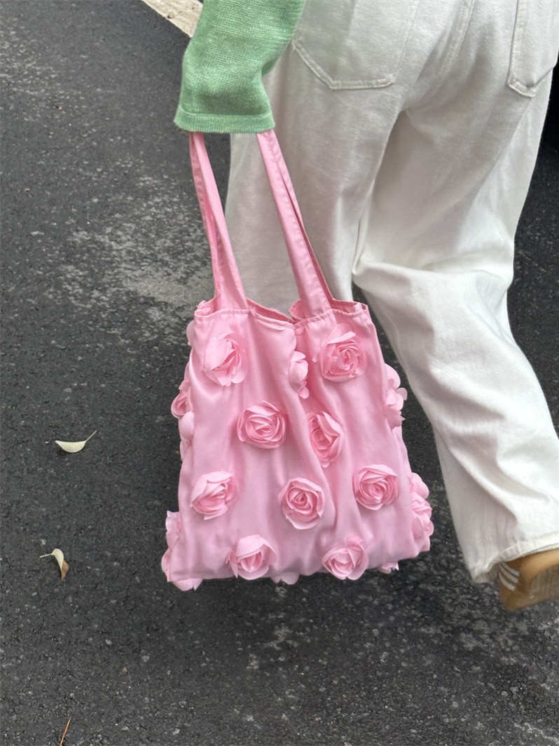 Korean Style Floral One Shoulder Bag Cute Pink Cloth Bag for Daily Travel Vacation - Image 3
