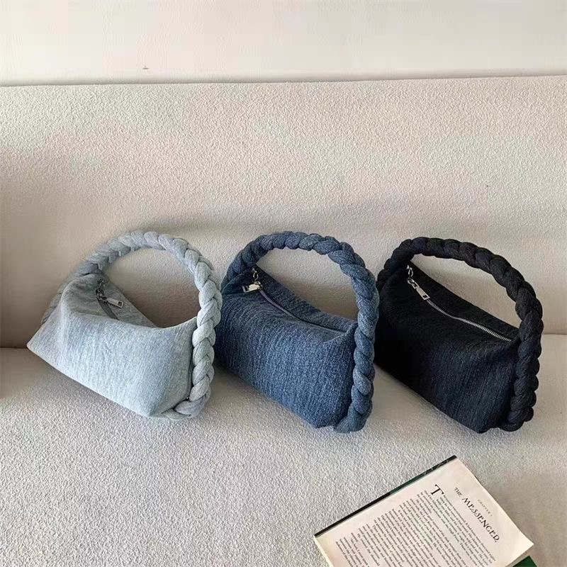 2024 New Twist Underarm Denim Handbag with Chain Crossbody and Woven Dumpling Design