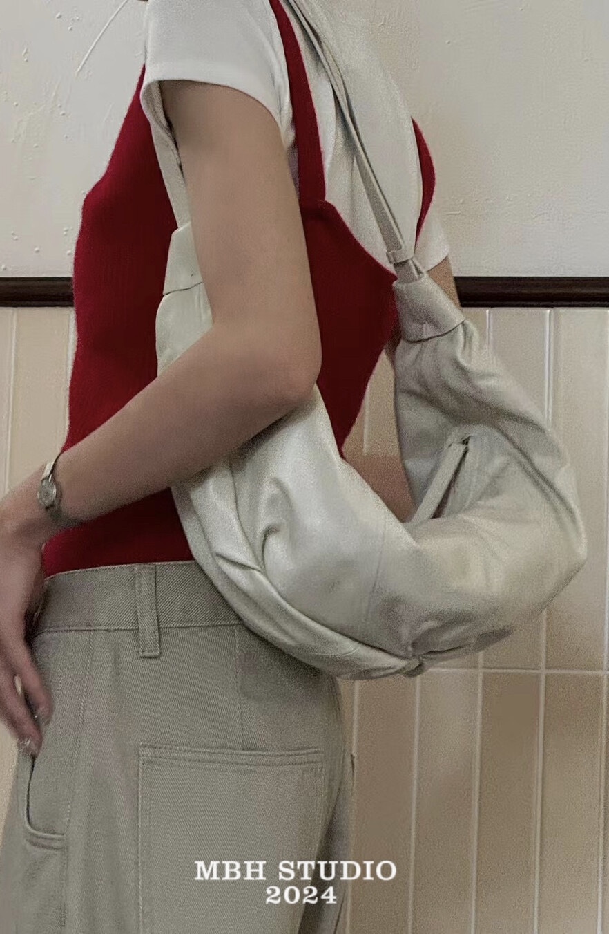 MBH Top Layer Cowhide Slouchy Ruched Croissant Crossbody Bag - Image 4