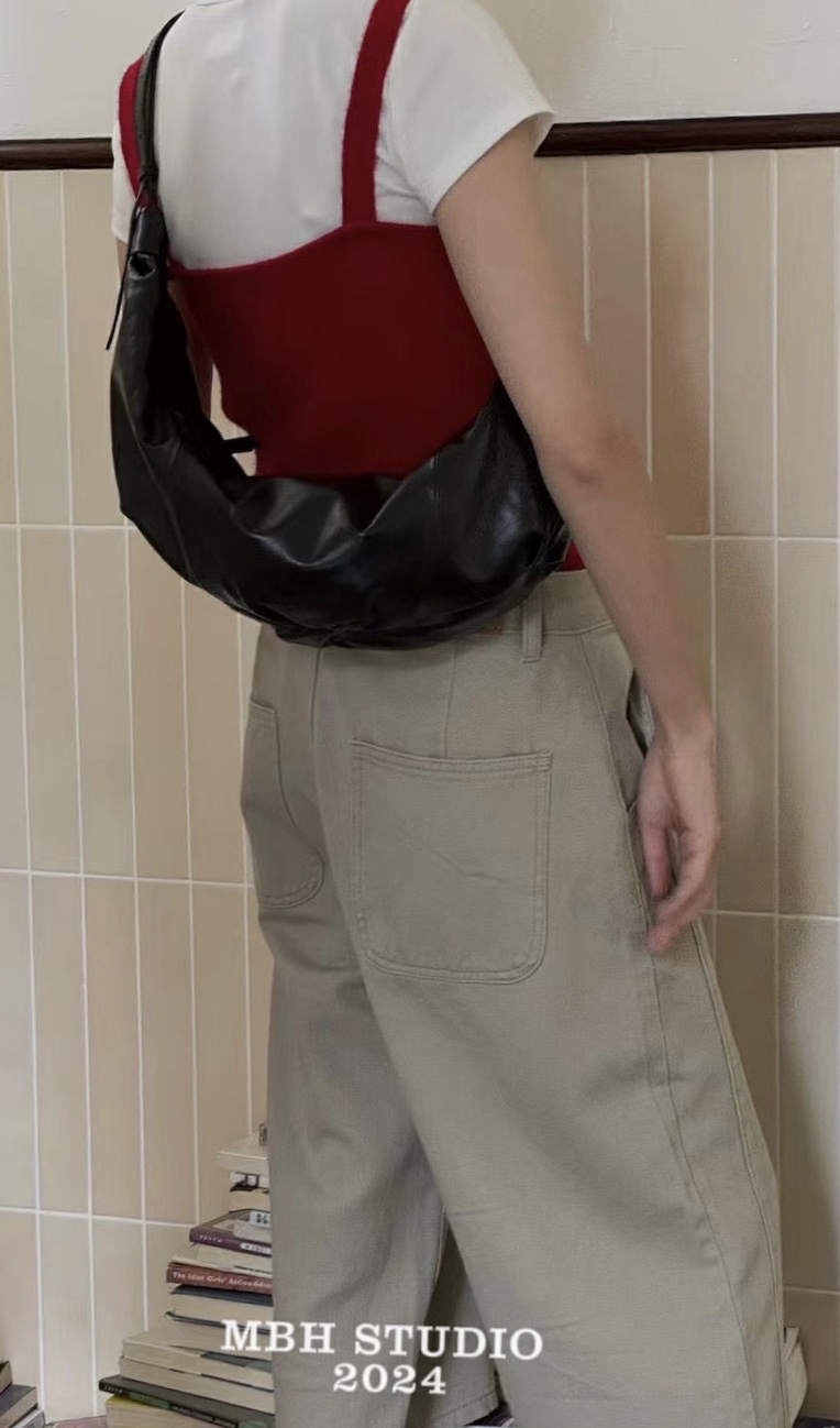 MBH Top Layer Cowhide Slouchy Ruched Croissant Crossbody Bag