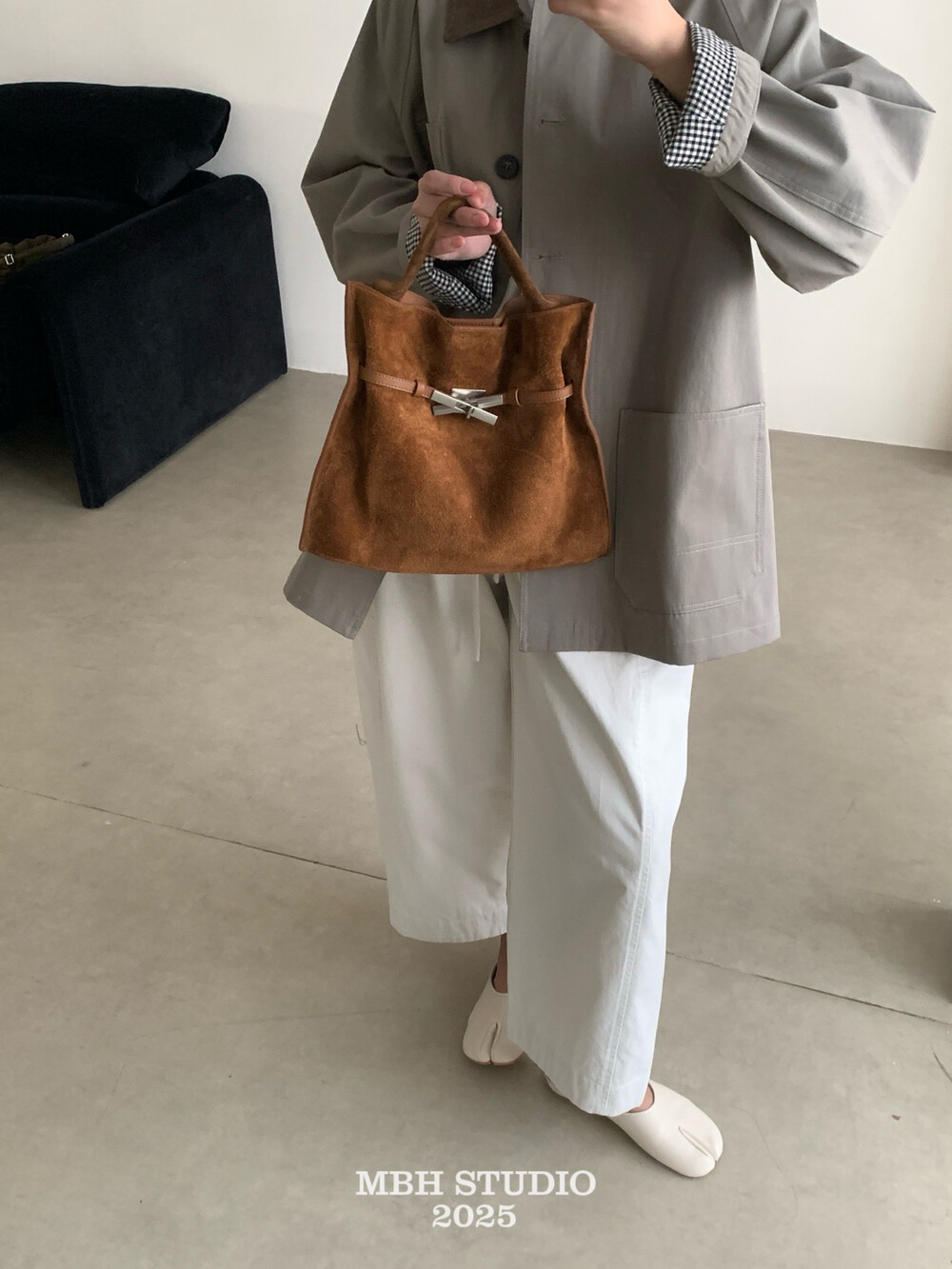MBH Top Grain Nubuck Leather Kelly Bag Magnetic Lock Vertical Flat Tote Handbag Crossbody with Shoulder Strap