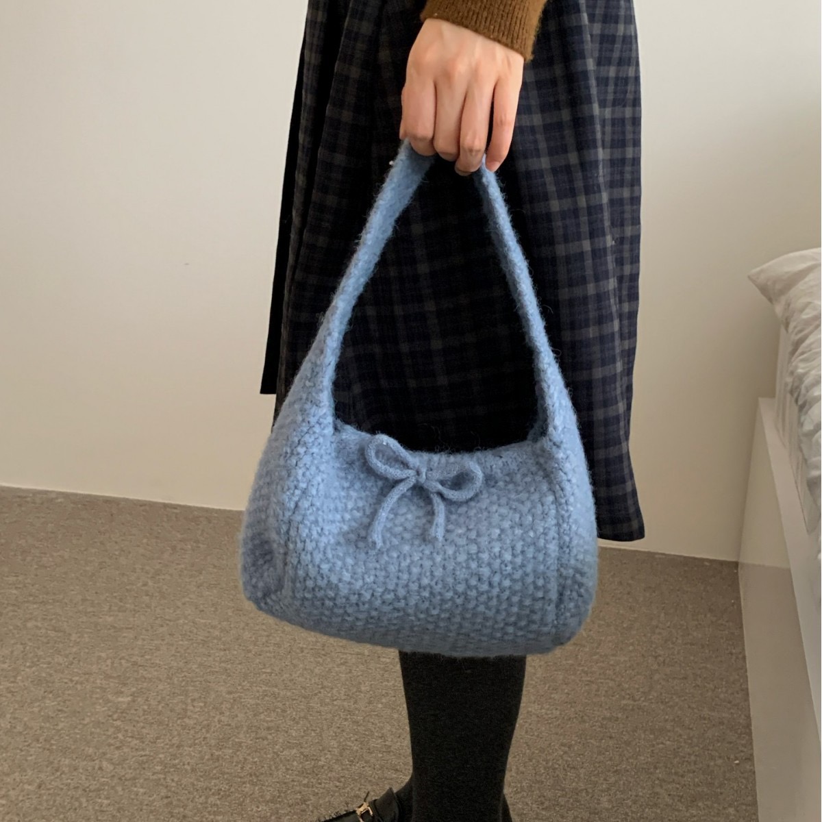 Korean Style Knit Bag with Bow Dual-Side Underarm Tote