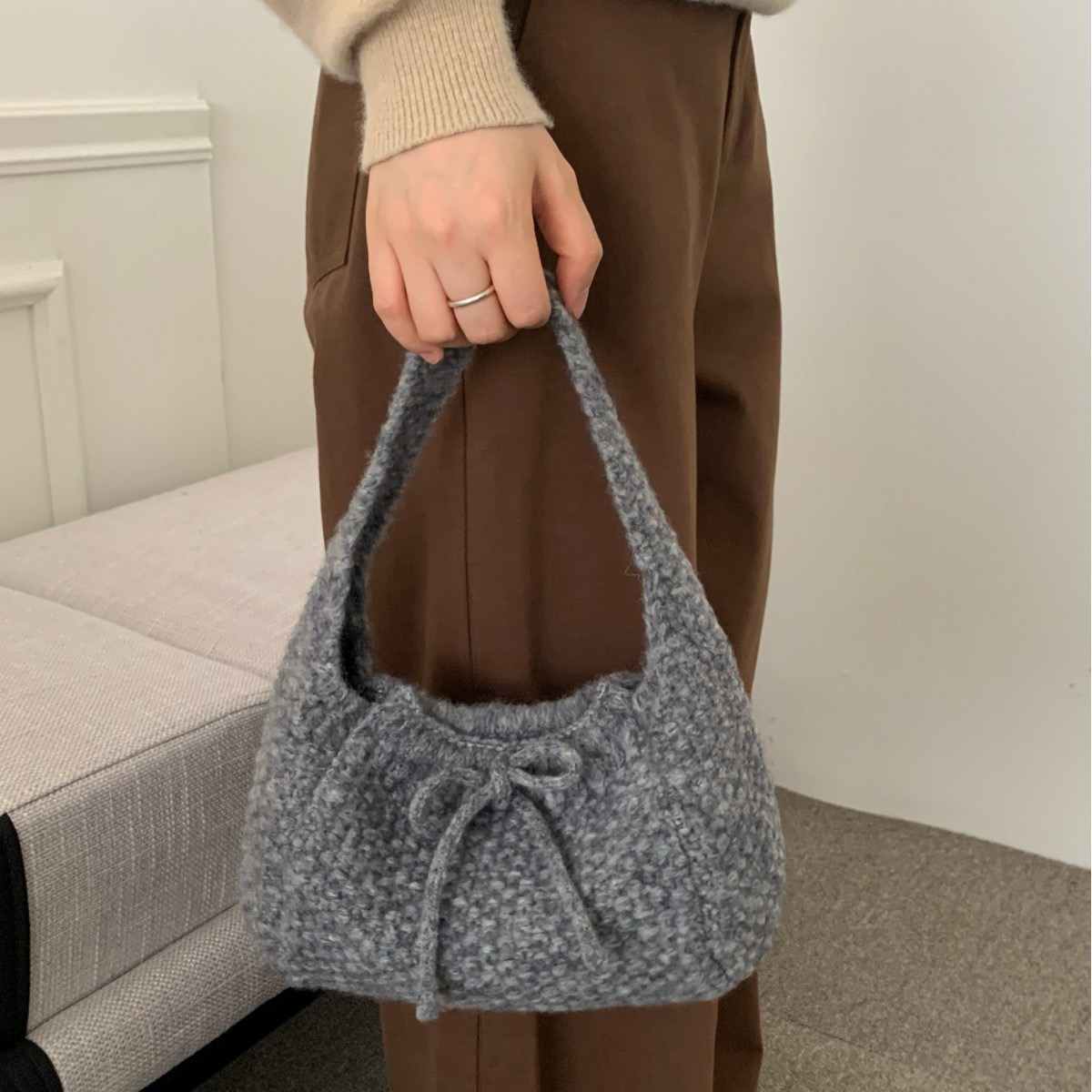 Korean Style Knit Bag with Bow Dual-Side Underarm Tote - Image 4