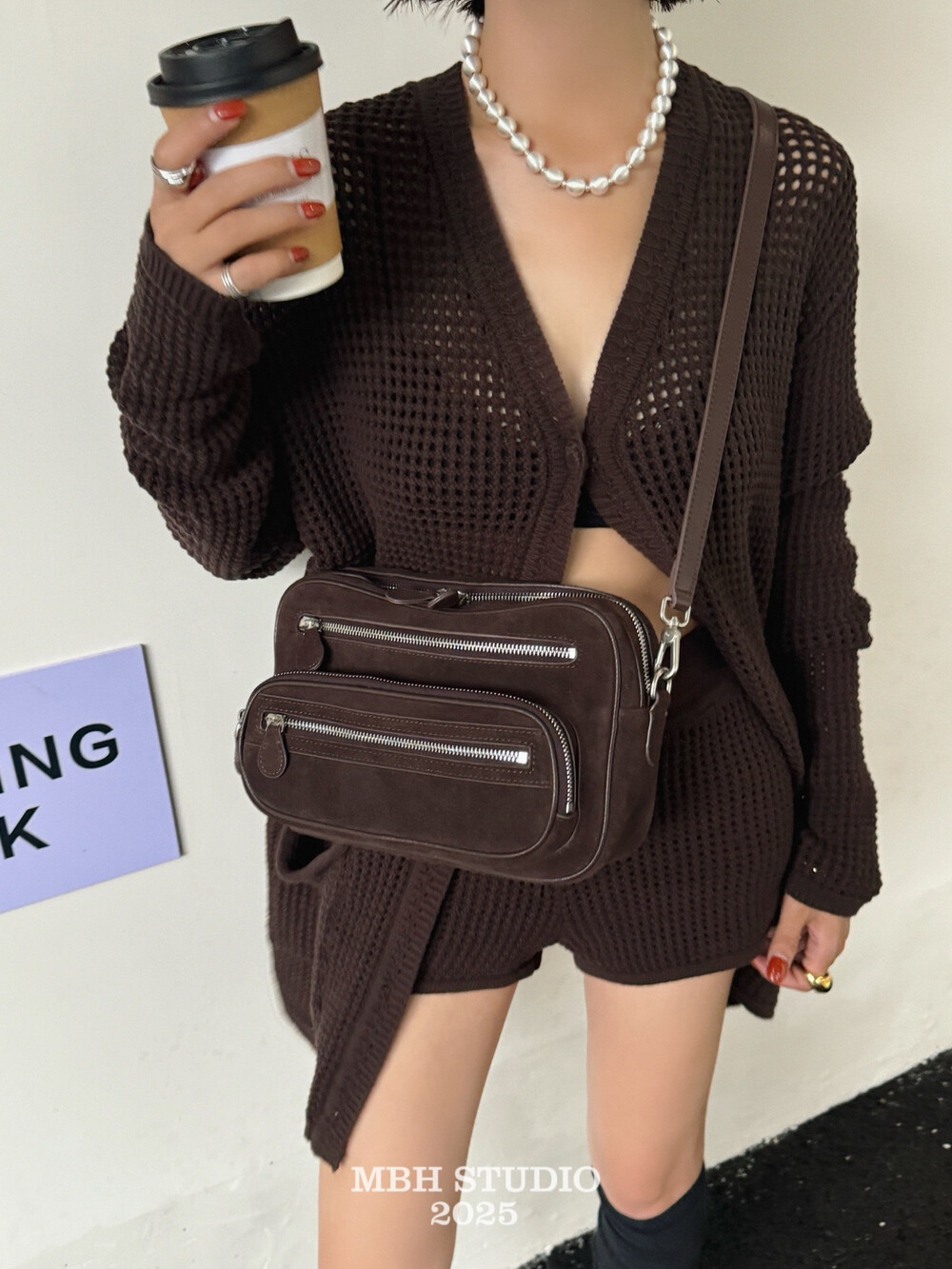 MBH Matte Leather Maillard Camera Bag Multi-Zip Shoulder Crossbody for Women - Image 3