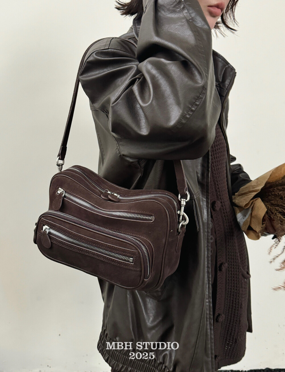 MBH Matte Leather Maillard Camera Bag Multi-Zip Shoulder Crossbody for Women