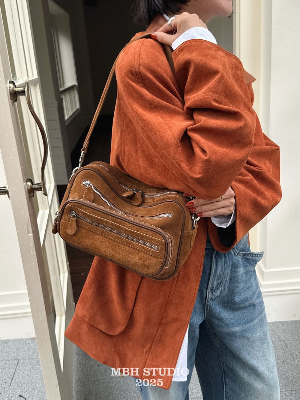 MBH Matte Leather Maillard Camera Bag Multi-Zip Shoulder Crossbody for Women - Image 2