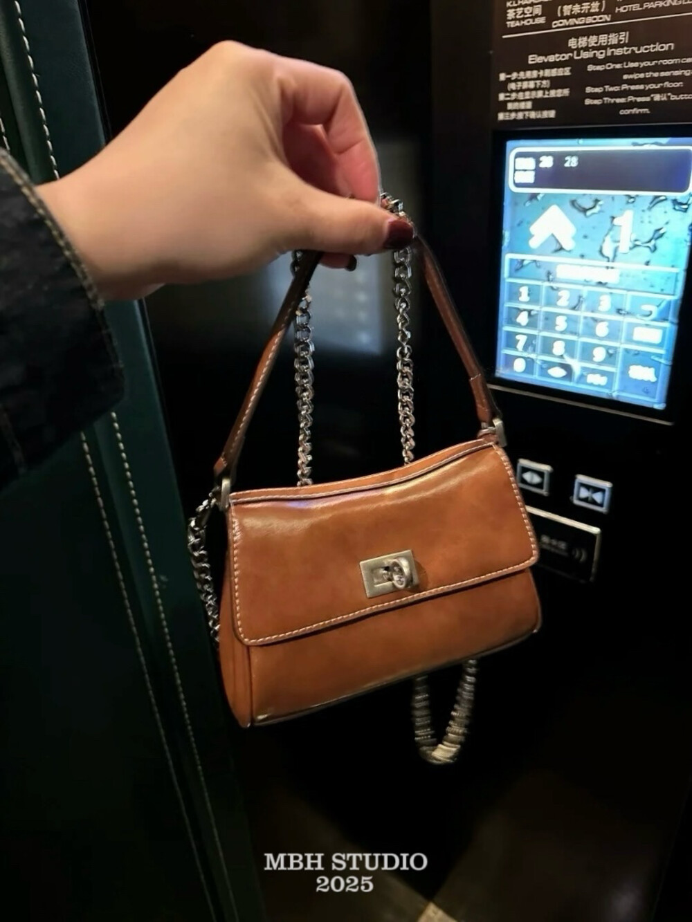 MBH New Retro Waxed Leather Chain Square Bag Crossbody Handbag with Chain