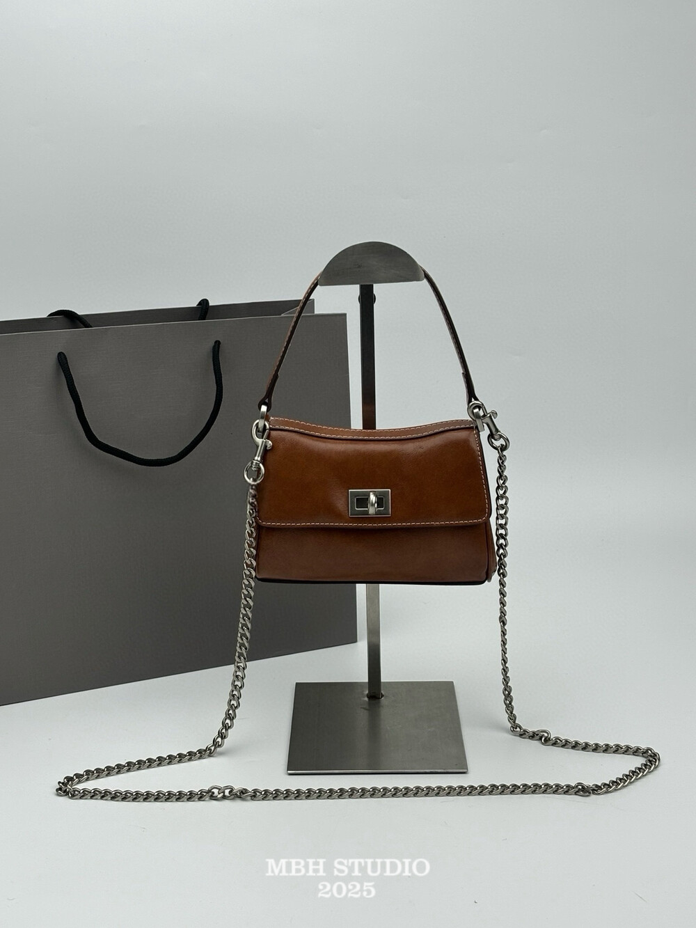 MBH New Retro Waxed Leather Chain Square Bag Crossbody Handbag with Chain - Image 3