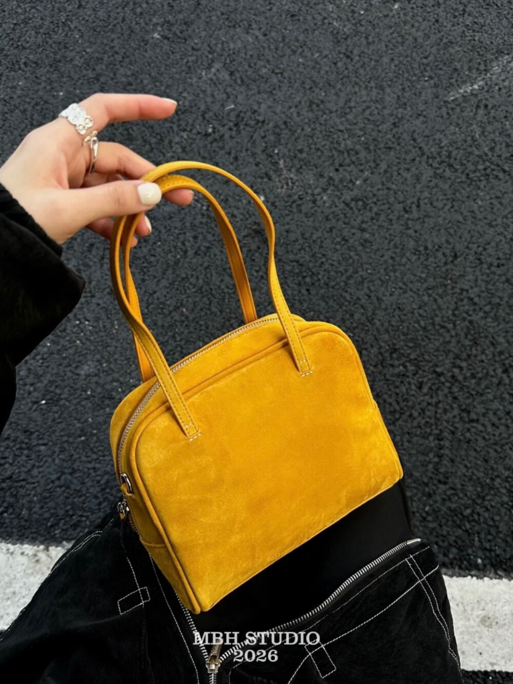 MBH Suede Boston Bag Large Capacity Top Layer Cowhide Underarm Shoulder Bag - Image 2