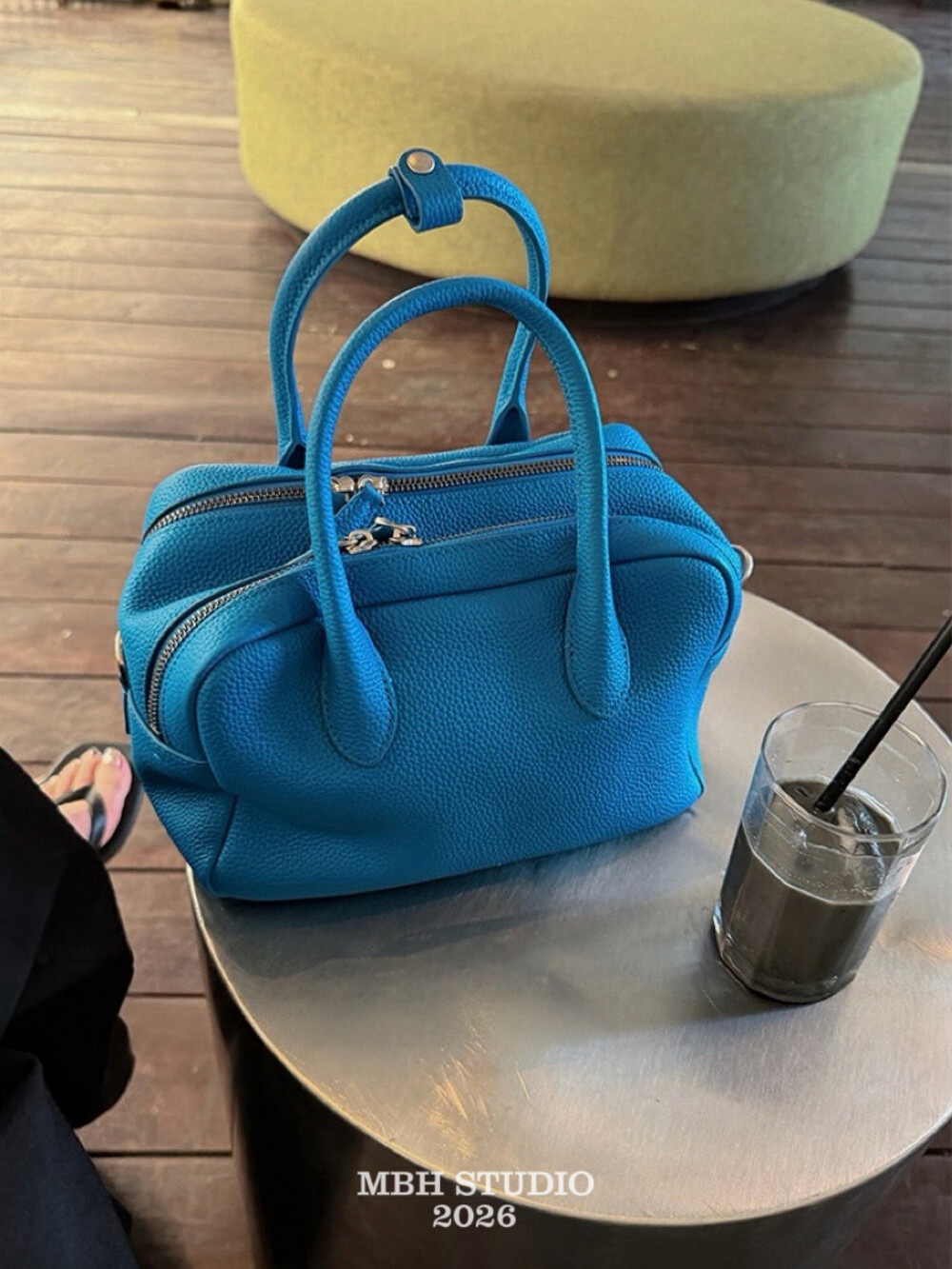 MBH Klein Blue Top Grain Leather Double Compartment Boston Bag Large Capacity Commuter Handbag